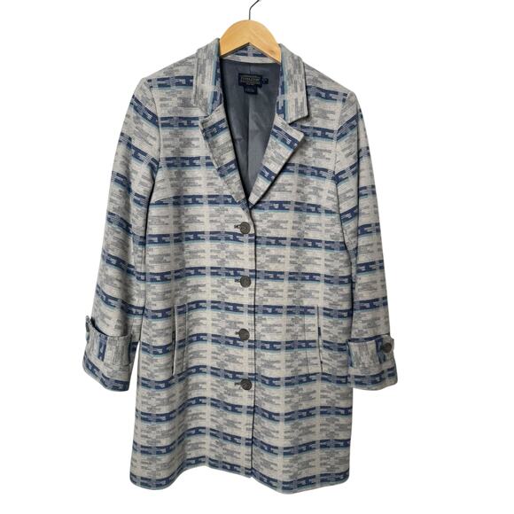 Pendleton 100% Virgin Wool Blanket Coat Gray Blue Stripes Jacket Women's Size LP - Picture 1 of 7